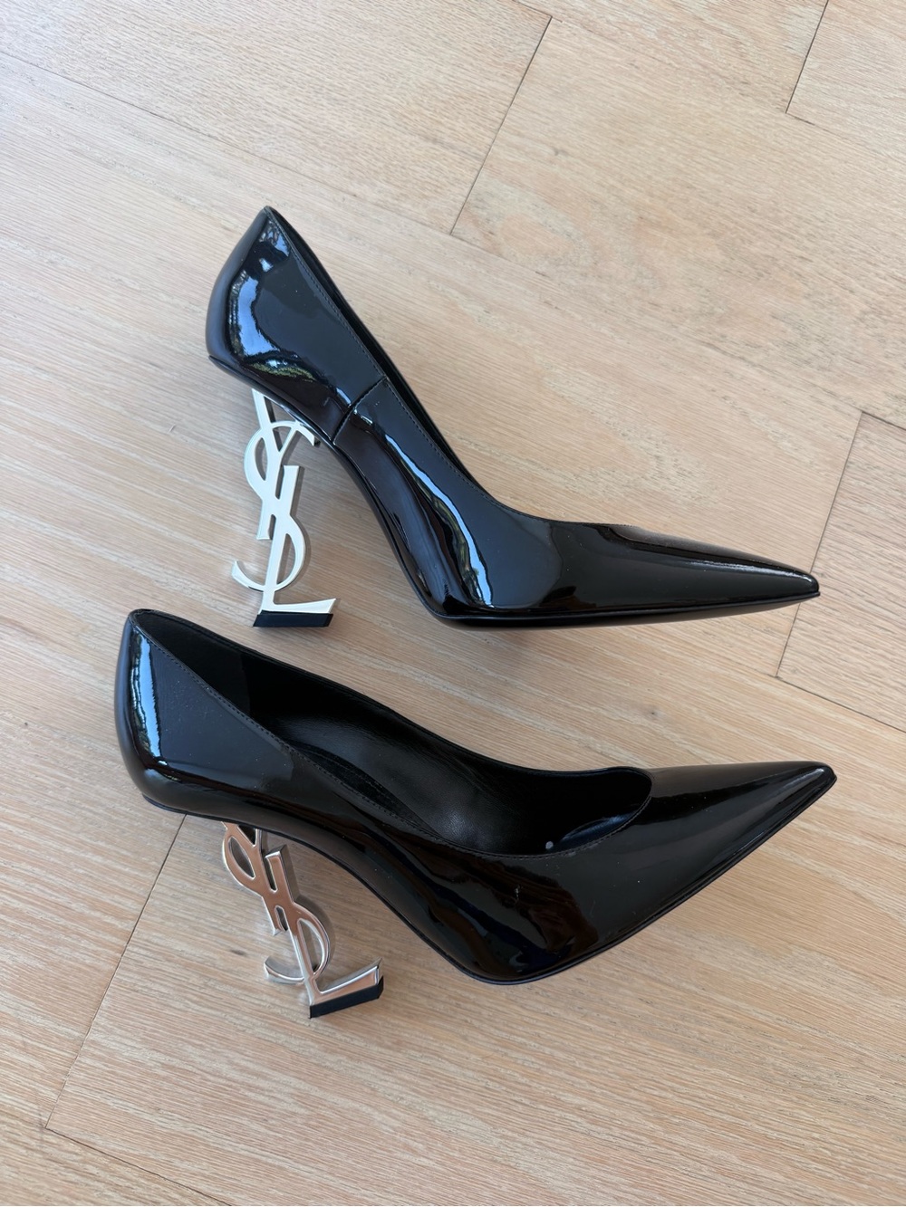 Saint Laurent Black Patent Pointed Toe Optus Logo-Heel Pumps